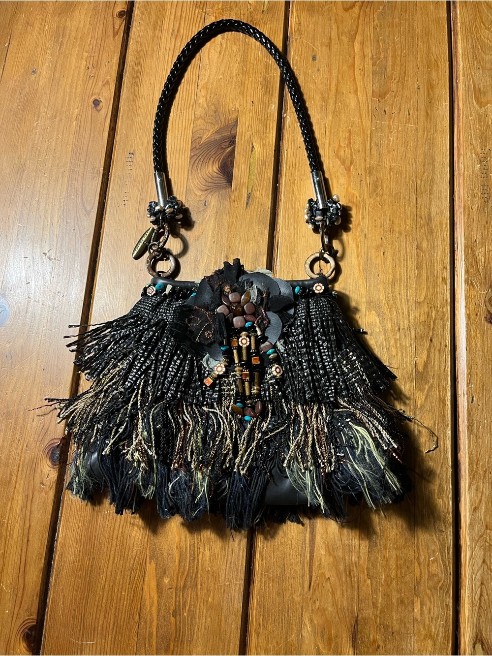 Mary Frances Black Beaded Fringe Shoulder Bag with Floral Embellishment
